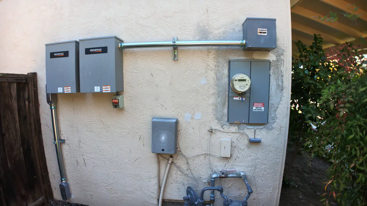 Exterior meter and electrical enclosures connected by conduit on a stucco wall